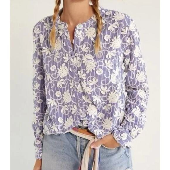 Anthropologie Pilcro Whitney Applique Trapeze Button Down Shirt Blue Size 2X - Picture 2 of 12